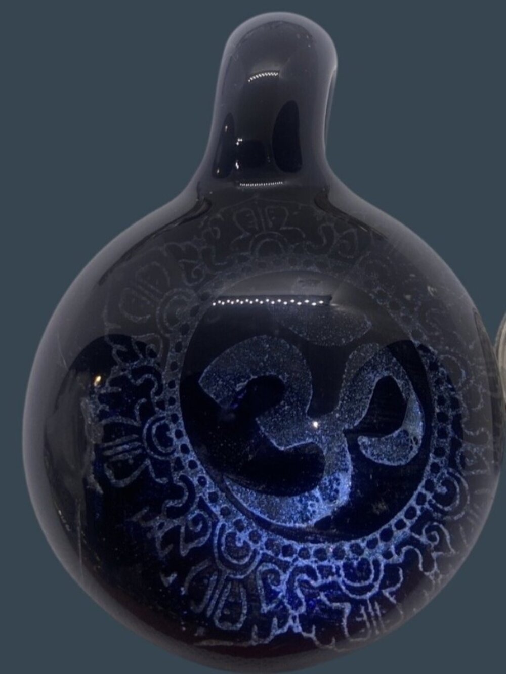 OM Mandala Style Dichroic Glass Necklace Pendant Blue Lampwork Buddhism Jewelry